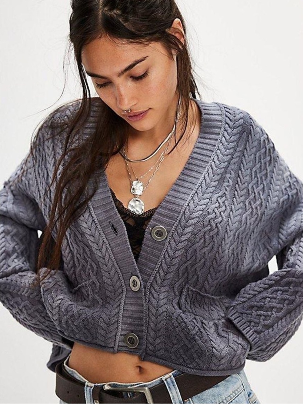 NWT Free People Washed Ashore Cable Knit V-Neck Cropped Cardigan - Ombre Grey
